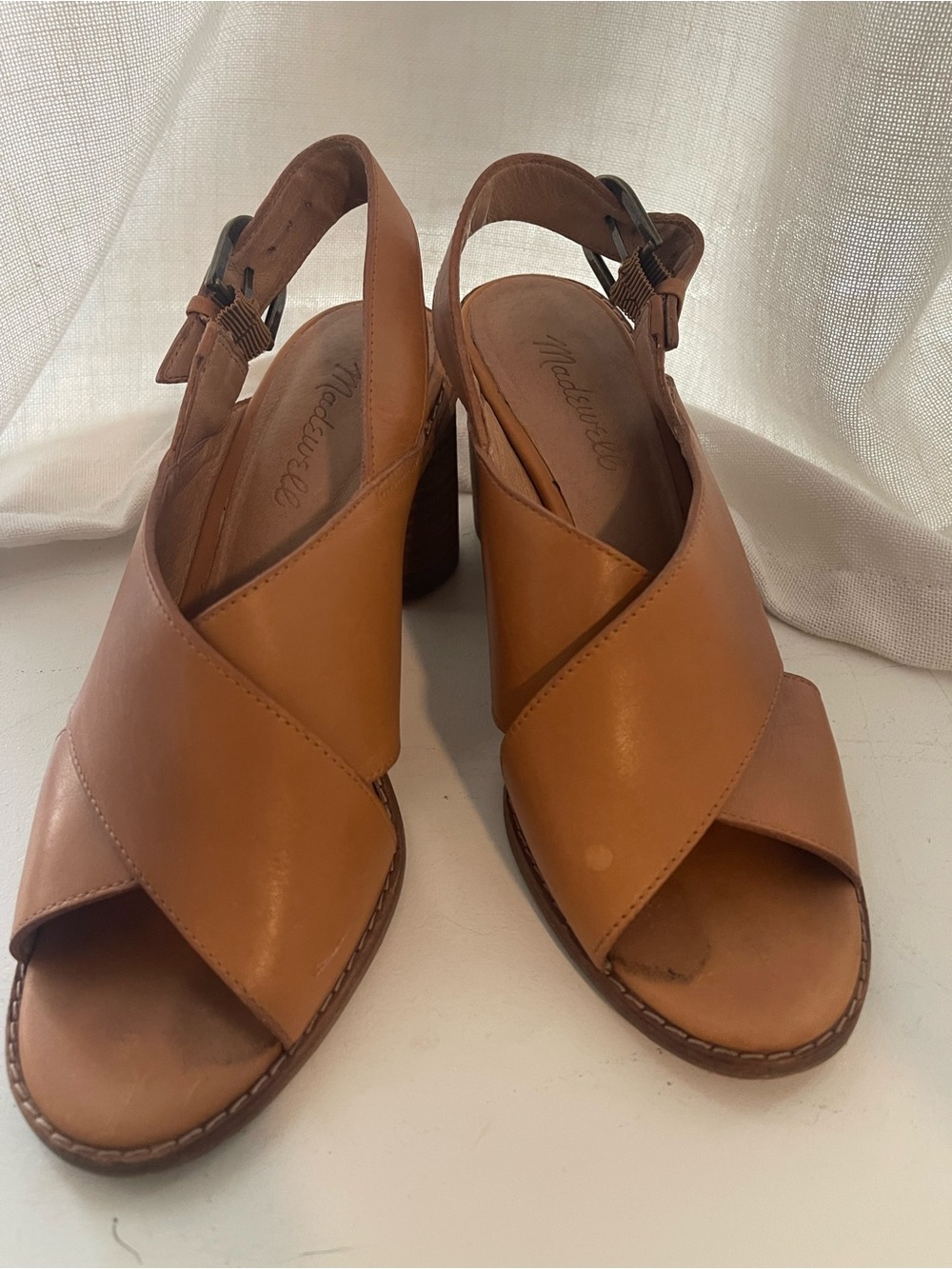 Madewell Cognac Leather Crisscross Slingback Heels